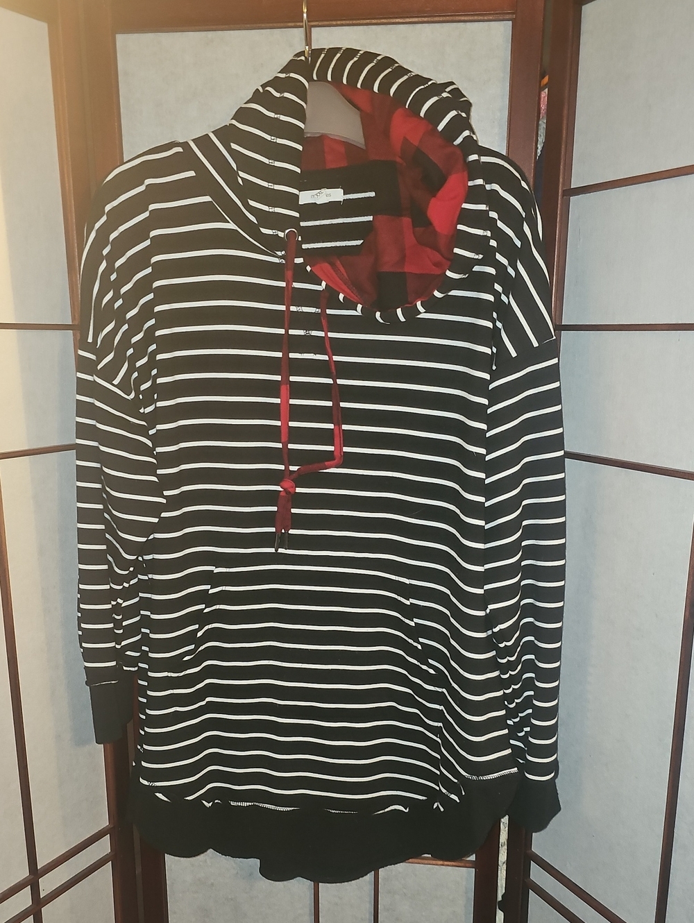 Maurices Black & White Striped Hoodie With Buffalo Plaid Hood